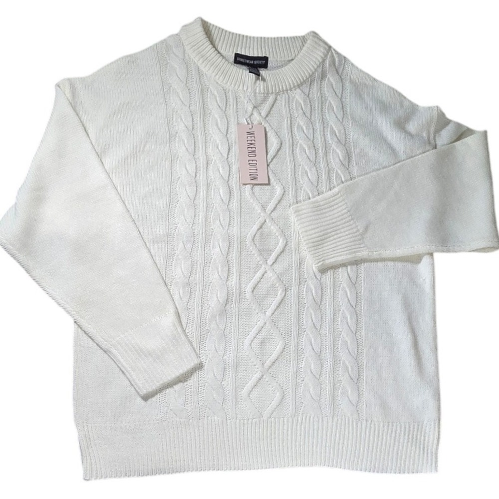 STREETWEAR SOCIETY Cable Knit Sweater Cream Pullover Long Sleeve L XL